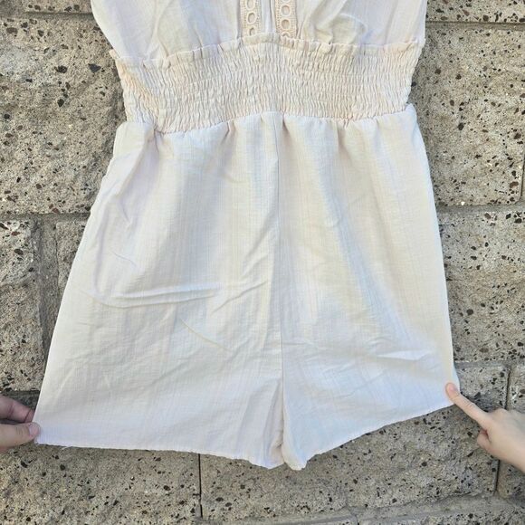 Women's Lush Cream/Pale Pink Crochet, V-Neck Romper - Picture 8 of 15